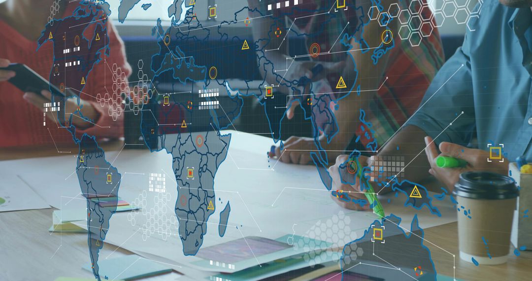 Global Business Team Collaborating with Map Overlay in Modern Office