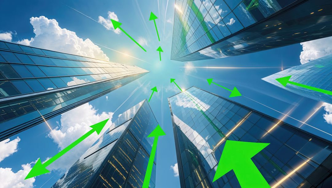 Skyscrapers with Green Arrows Symbolizing Growth and Progress