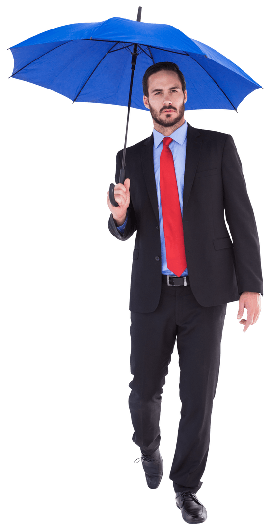 Transparent Unsmiling Businessman Holding Blue Umbrella