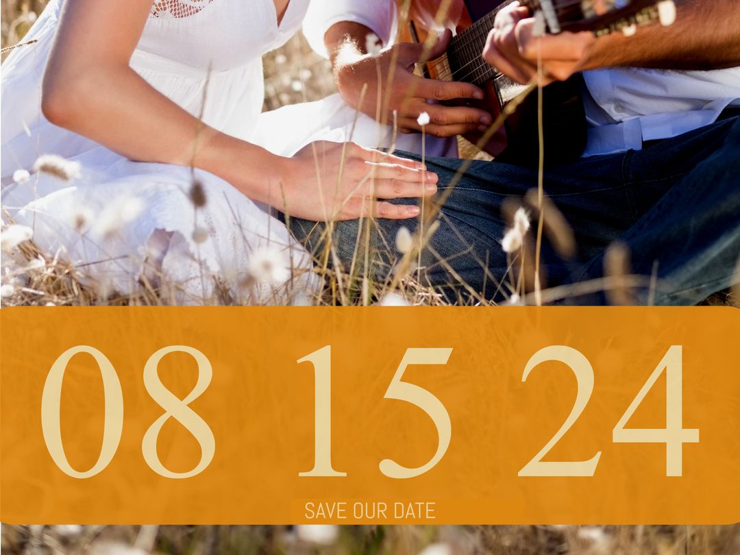 Romantic Couple Save the Date with Guitar in Field - Download Free Stock Templates Pikwizard.com