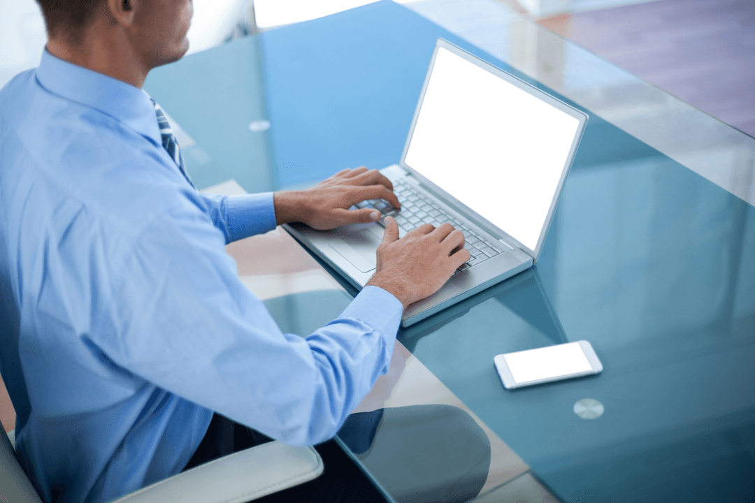 Transparent Effect Businessman Using Laptop in Modern Office