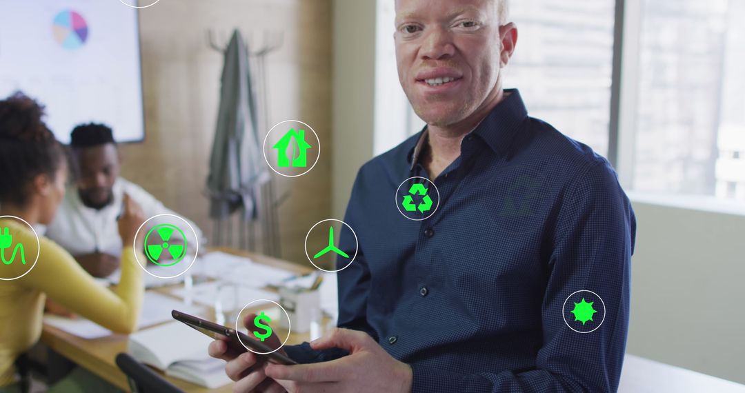 Entrepreneur with Digital Interface Icons in Modern Office