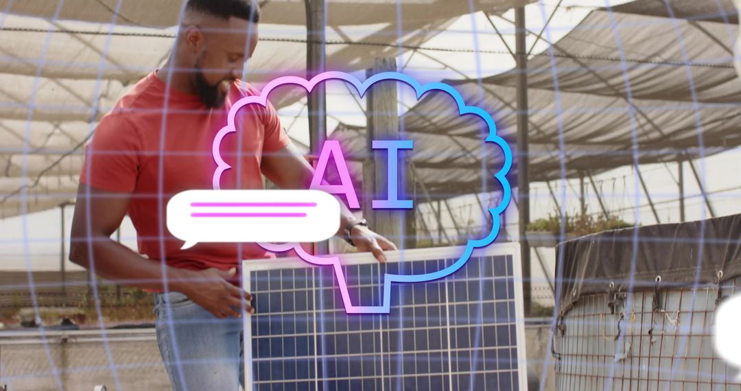 Man Handling Solar Panel with AI Interface in Greenhouse Environment