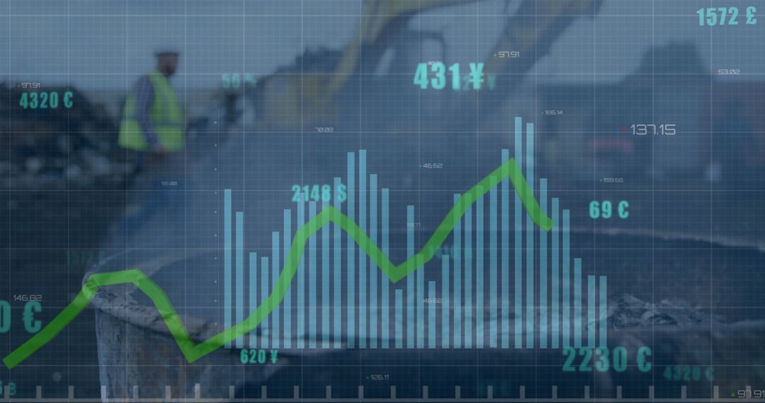 Finance Data Overlay with Worker on Waste Site