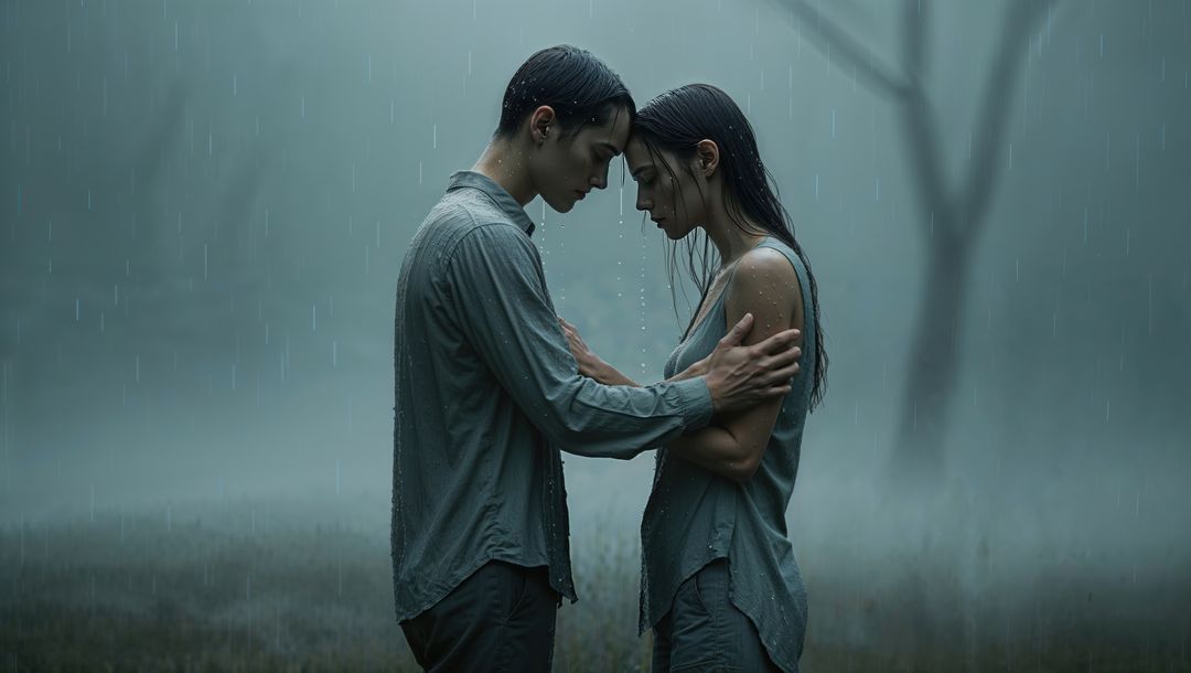 Romantic couple embracing in rainy woodland symbolizing forgiveness