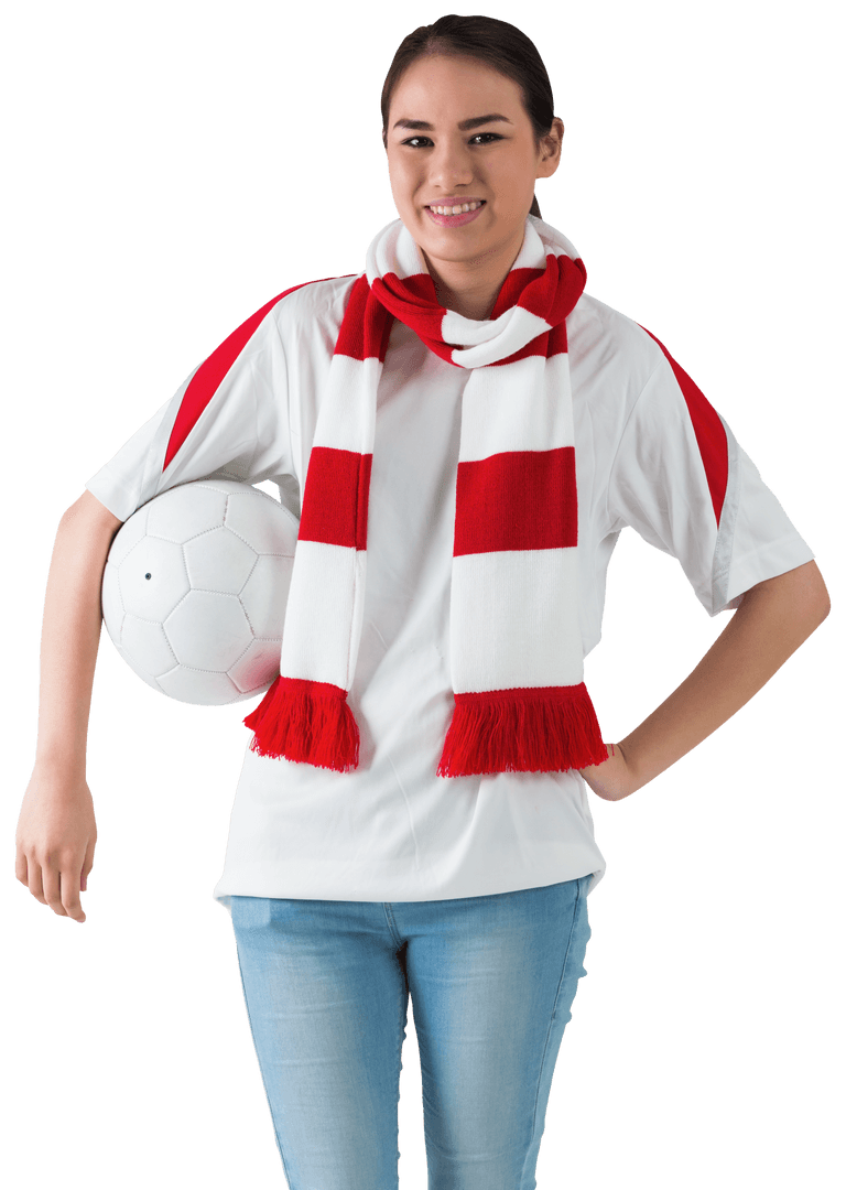 Enthusiastic Young Fan Holding Soccer Ball with Red and White Scarf Transparent