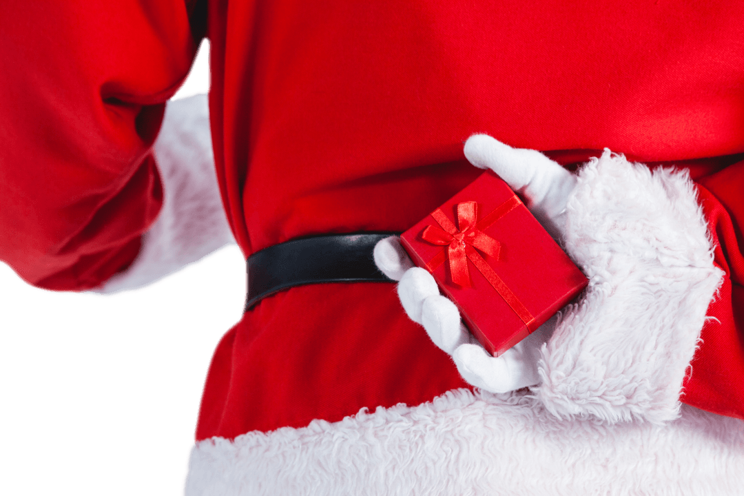 Santa Claus Secretly Holding Gift Box Behind Back on Transparent Background