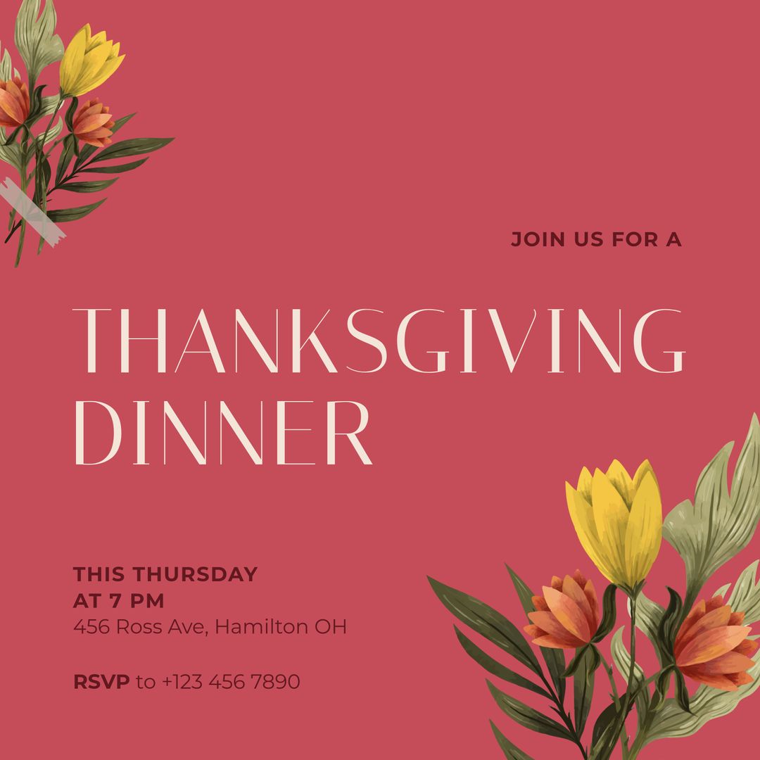 Thanksgiving Dinner Invitation on Red Background with Floral Design