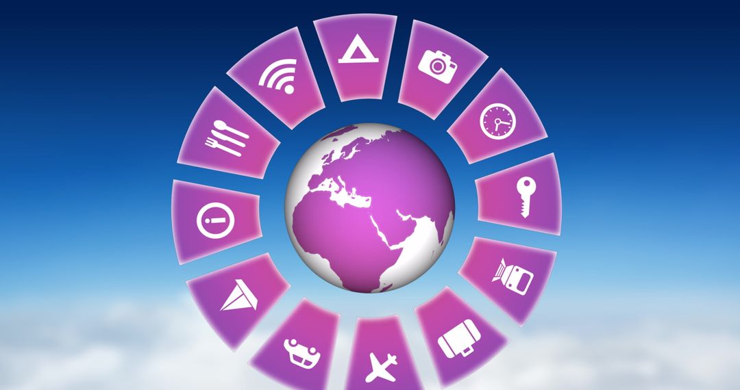 Digital Travel Interface with Global Icons on Sky Background