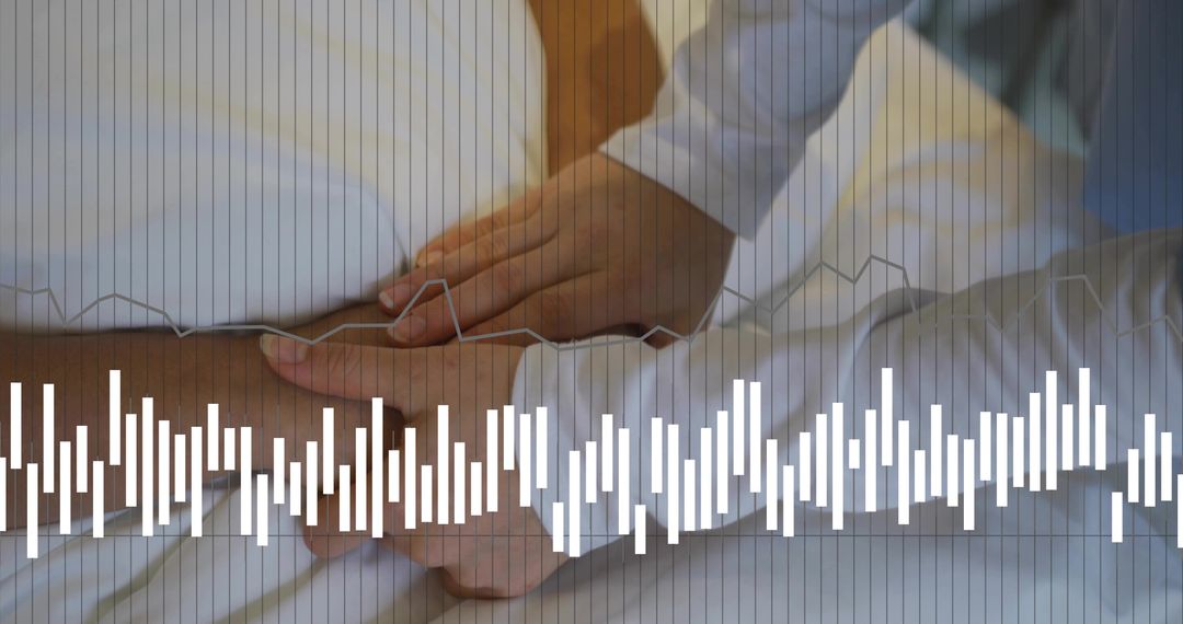 Korean couple holding hands on white bedding with waveform overlay showing tender support