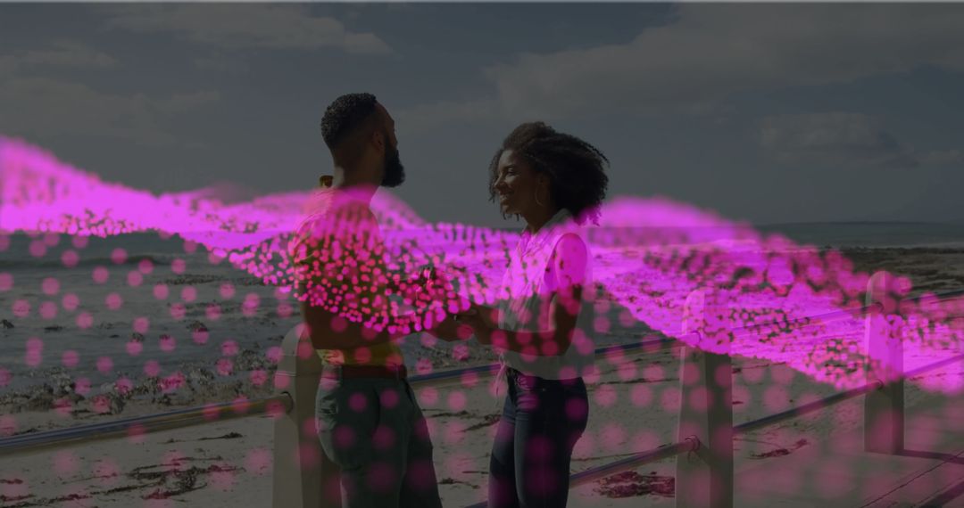 Active People with Dumbbells on Beach and Dynamic Digital Overlay