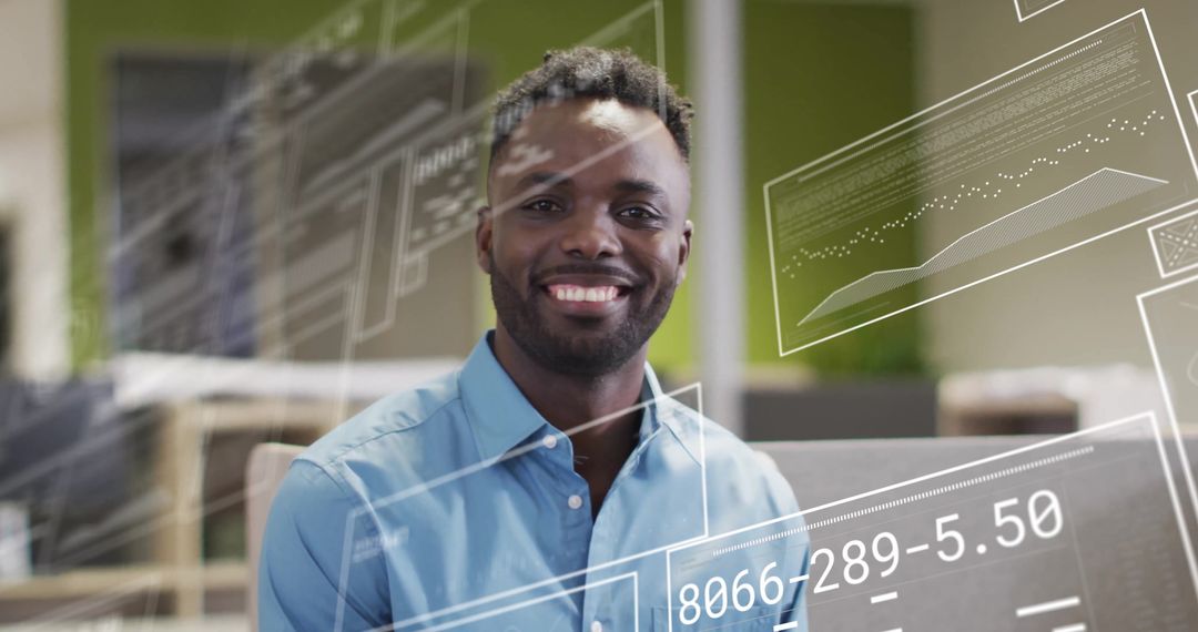 Smiling Businessman with Digital Data Overlays in Office