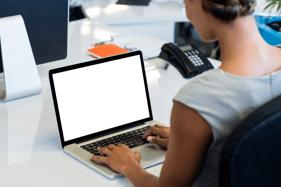 Businesswoman Working on Laptop with Blank Screen Transparent Background