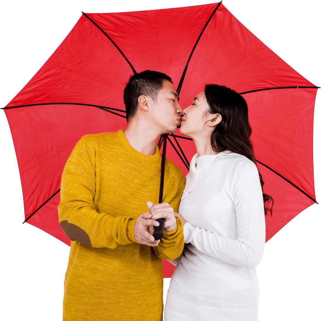 Couple Kissing Under Red Umbrella on Transparent Background