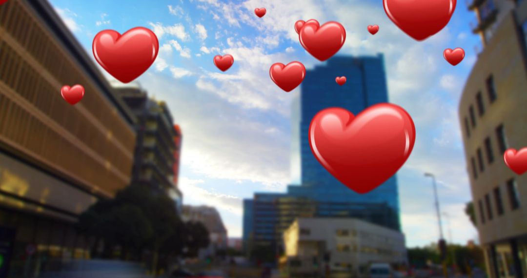 Floating Hearts Over Cityscape Symbolizing Love and Connection