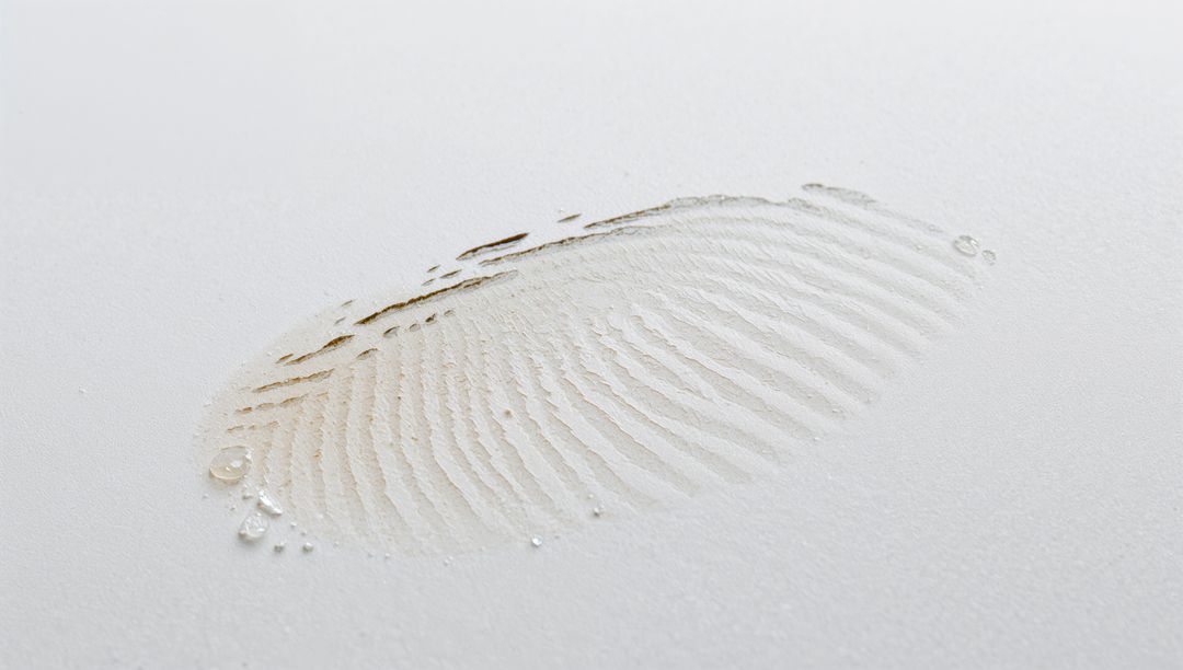 Dusty fingerprint impression revealing radial ridges with water droplets macro closeup