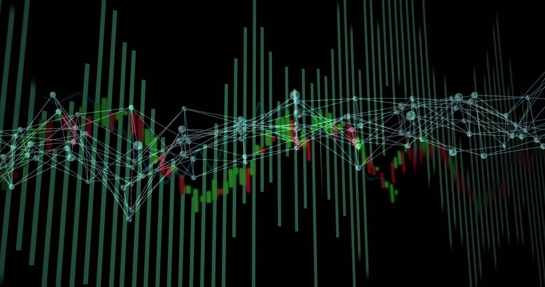 Digital Data Visualization with Network Nodes and Candlestick Charts