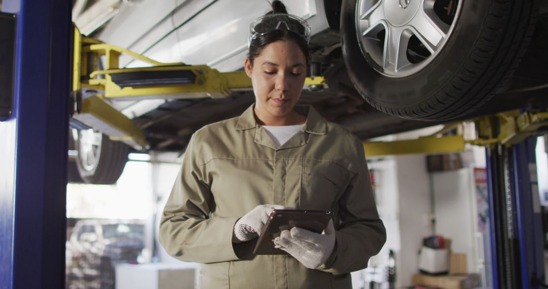 Female Mechanic using Tablet in Automotive Repair Shop - Free Images, Stock Photos and Pictures on Pikwizard.com