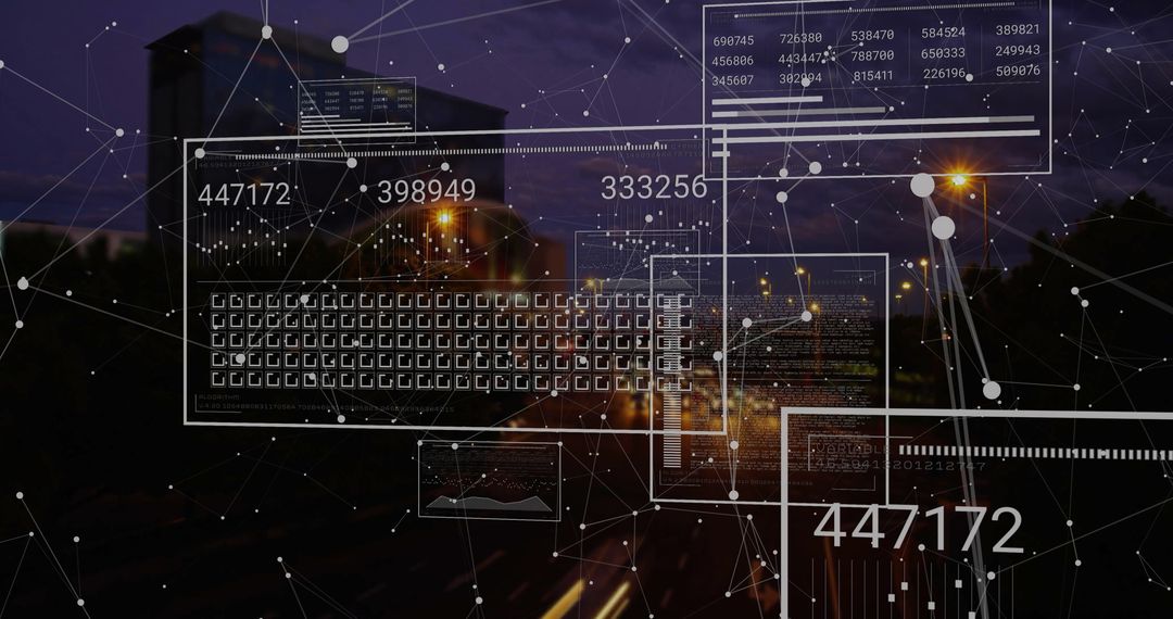Digital Financial Data Interface Over Cityscape at Night