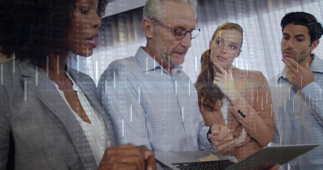 Diverse Business Team Discussing Data Insights with High-Tech Overlay