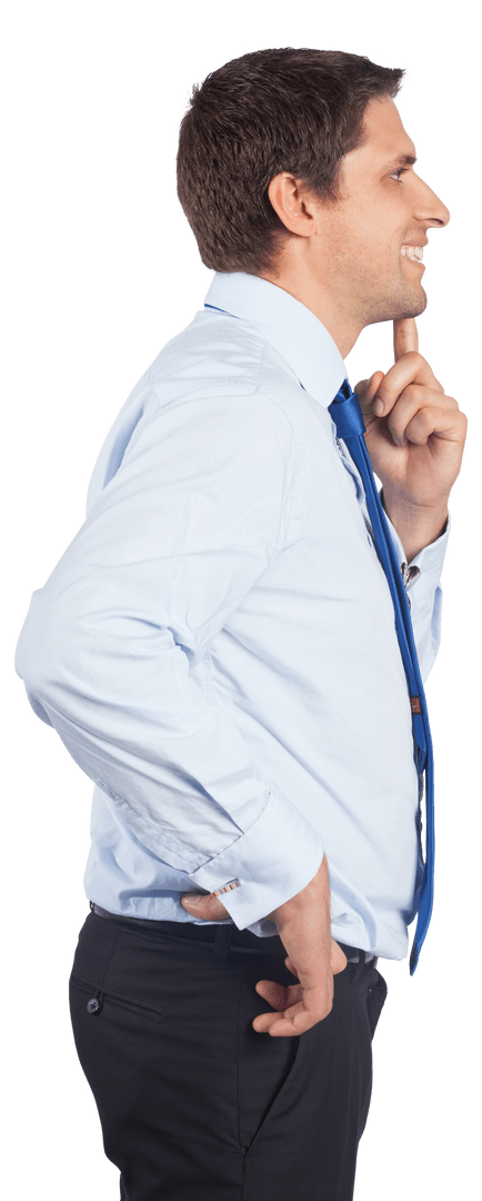 Transparent Businessman Thinking and Touching Chin Sideview