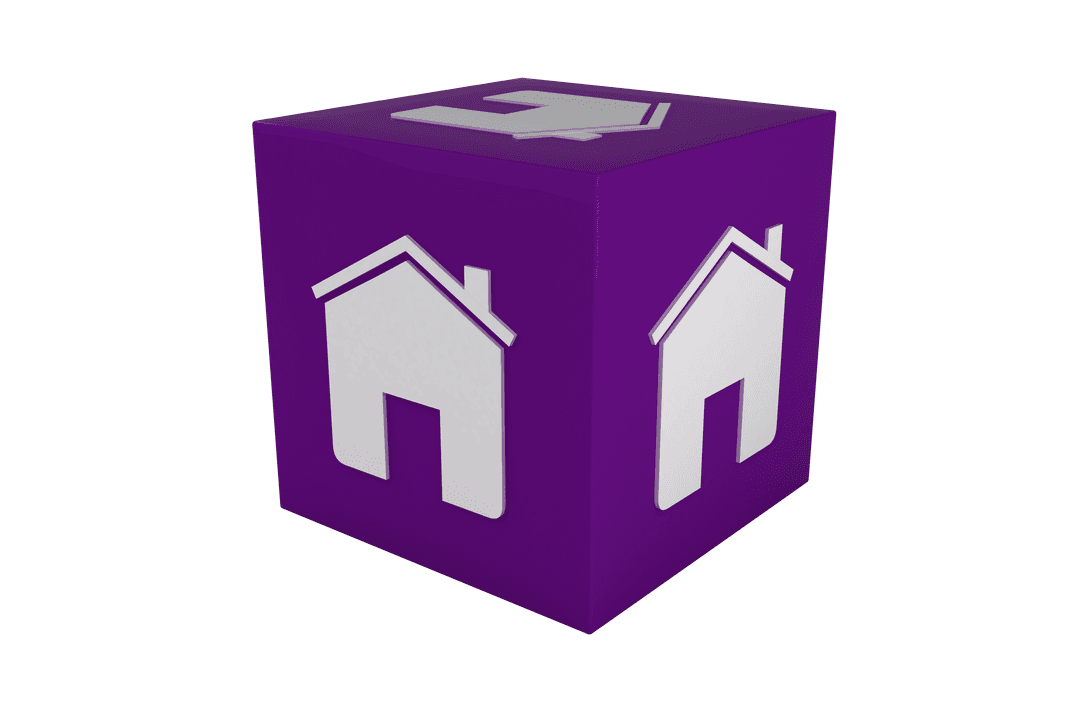 Purple Cube with House Symbol on Transparent Background