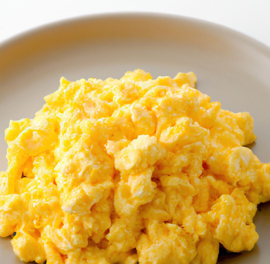 Image of close up of fresh scrambled eggs on white plate - Free Images, Stock Photos and Pictures on Pikwizard.com