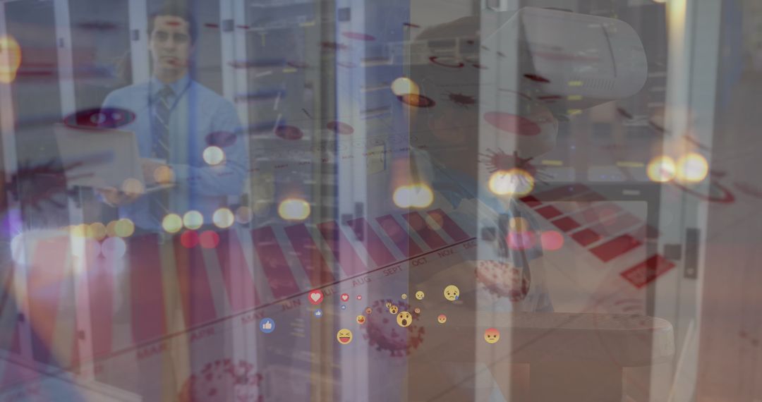 Data Analyst in Server Room with Digital Graphics Overlay