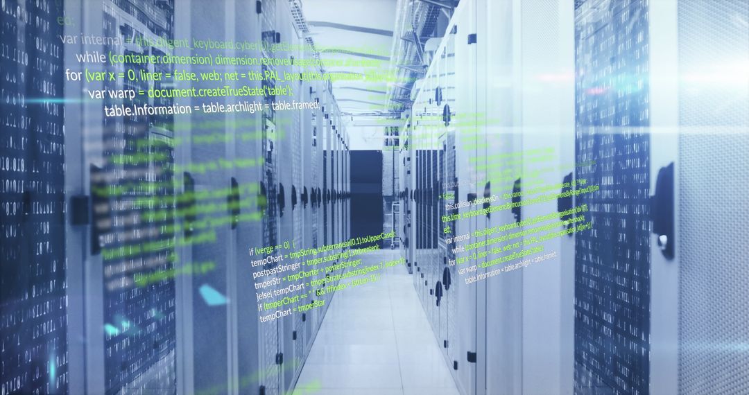 Futuristic Data Processing Room with Holographic Code Overlay