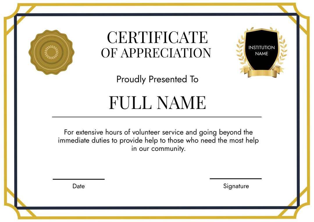 Certificate of Appreciation for Volunteer Service with Gold Seal and Shield Design - Download Free Stock Templates Pikwizard.com