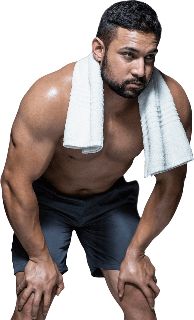 Transparent Muscular Man Resting After Workout with Towel