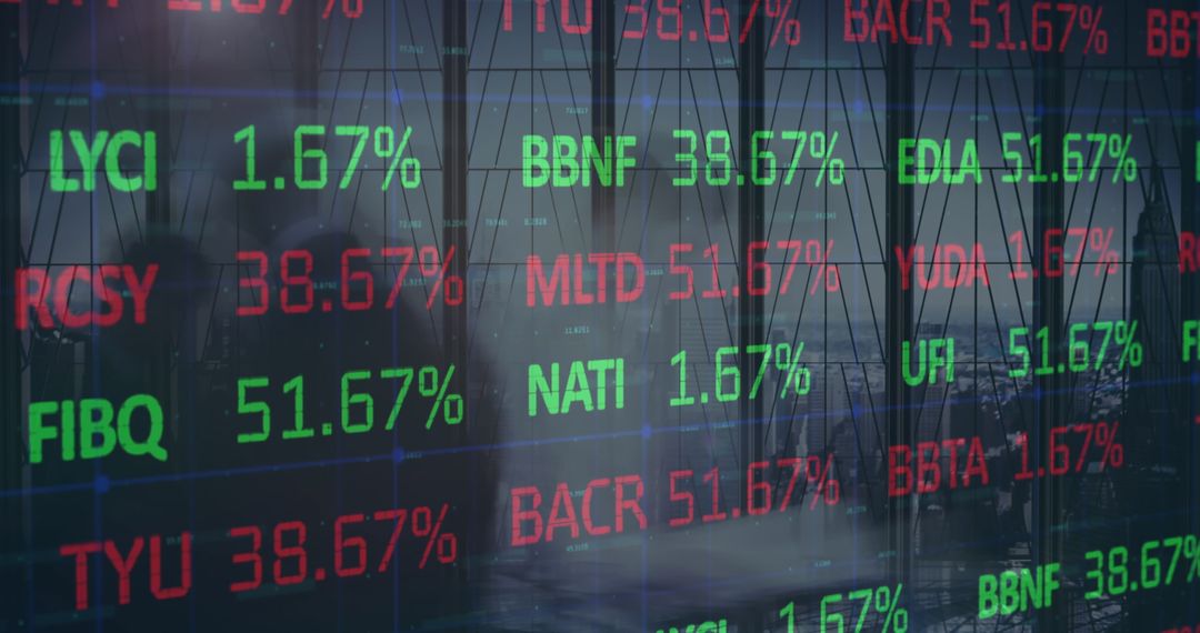 Stock Market Display Overlaying Business Scene Reflecting Volatility