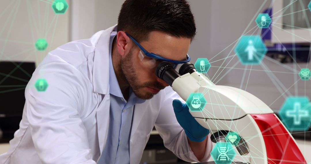 Scientist Using Microscope for Advanced Medical Research with Digital Interface