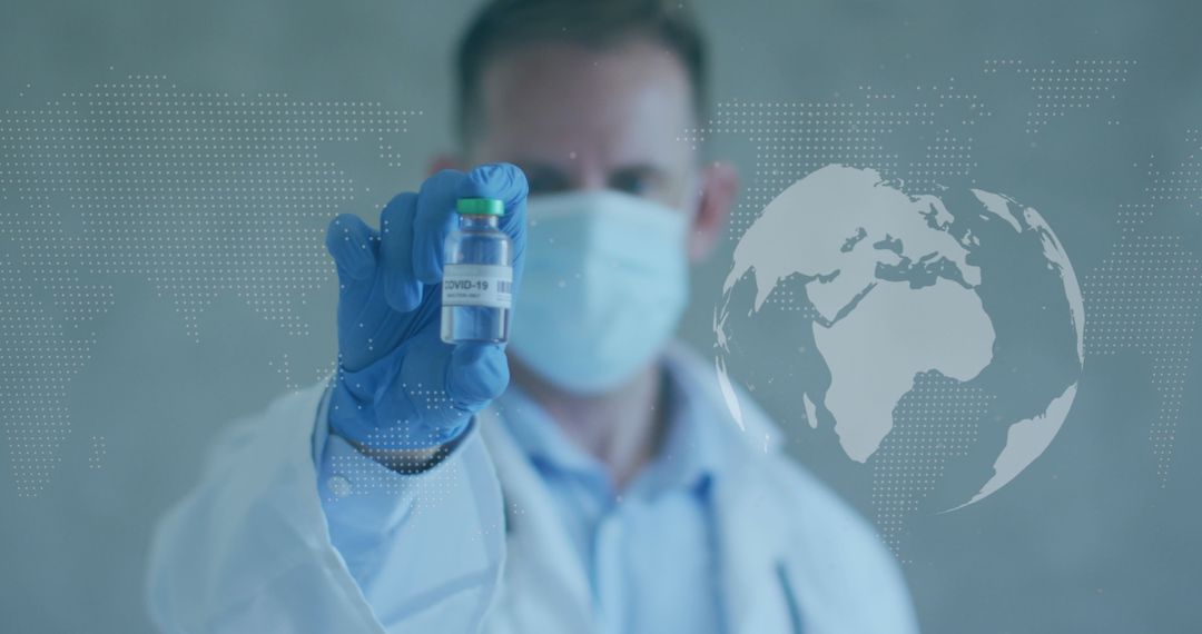 Scientist Holding COVID-19 Vaccine Vial in Laboratory with World Map Overlay