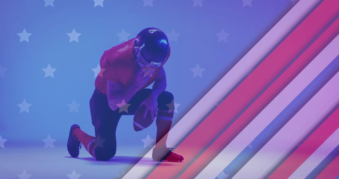 American Football Player Kneeling with United States Flag Overlay in a Vibrant Scene - Free Images, Stock Photos and Pictures on Pikwizard.com