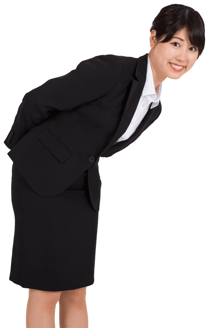Smiling Asian Businesswoman Bow Greeting on Transparent Background