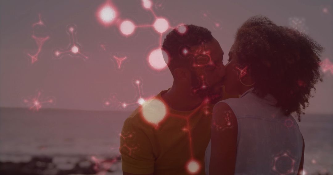 Romantic Couple Kissing on Beach at Sunset with Overlay