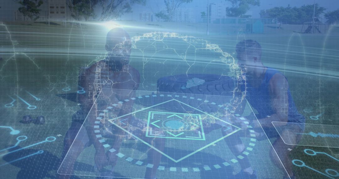 Diverse Athletes Training with Digital Interface Overlay