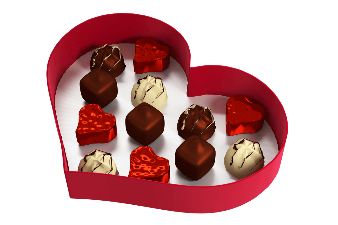 Heart Shaped Box with Assorted Chocolates on Transparent Background