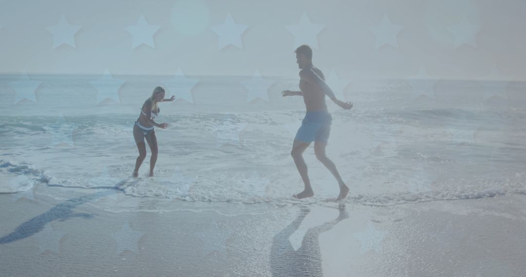 Romantic Couple Enjoying Playful Beach Day with Overlay