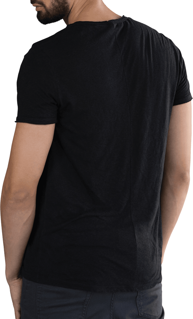 Back View of Man Wearing Plain Black T-Shirt on Transparent Background