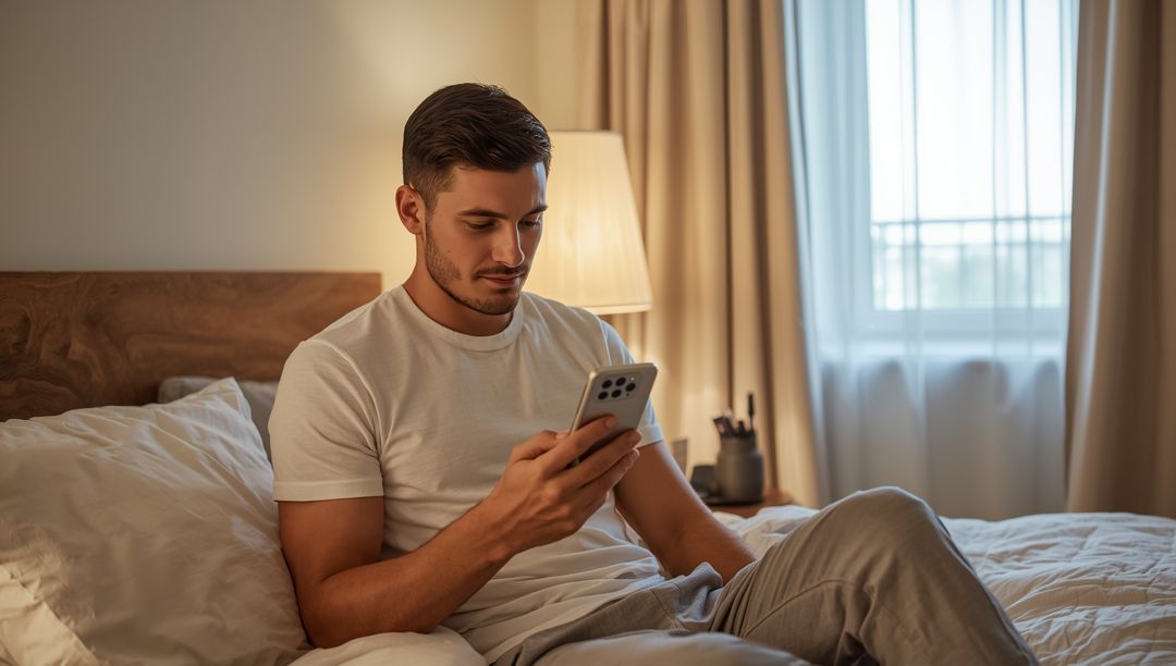 Relaxed Man Using Smartphone in Modern Bedroom at Evening