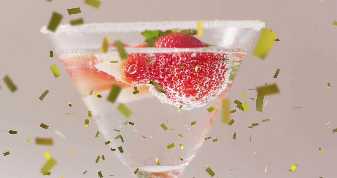 Confetti falling in cocktail with fresh strawberry, celebration concept - Free Images, Stock Photos and Pictures on Pikwizard.com