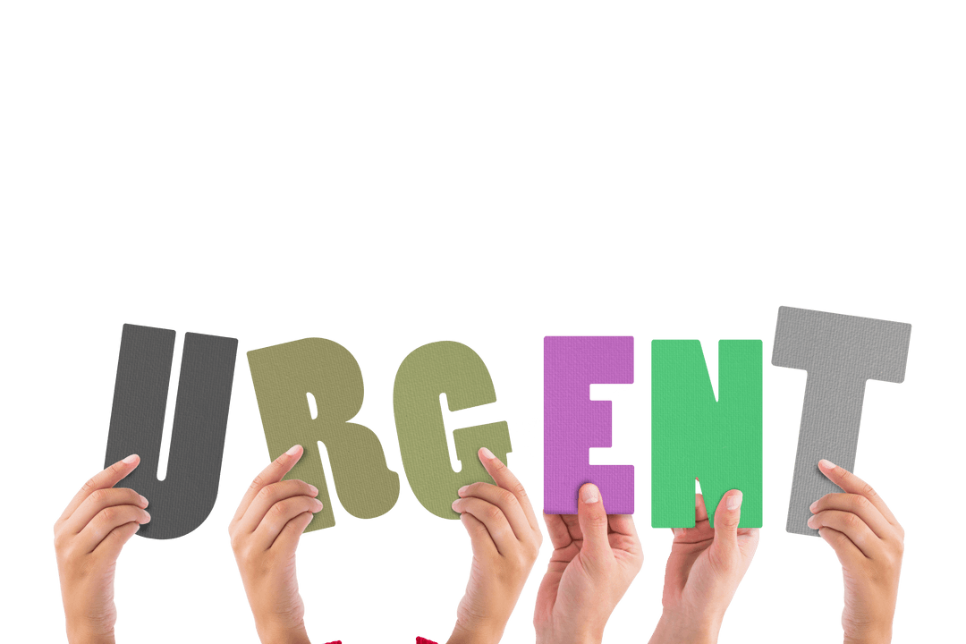 Hands Holding Urgent Block Letters on Transparent Background