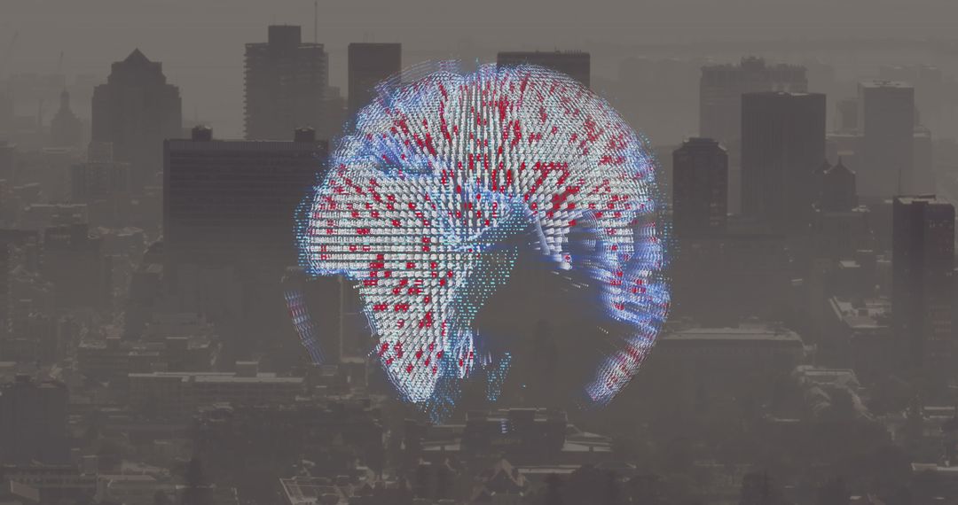 Digital Globe Overlay Across Cityscape Horizon