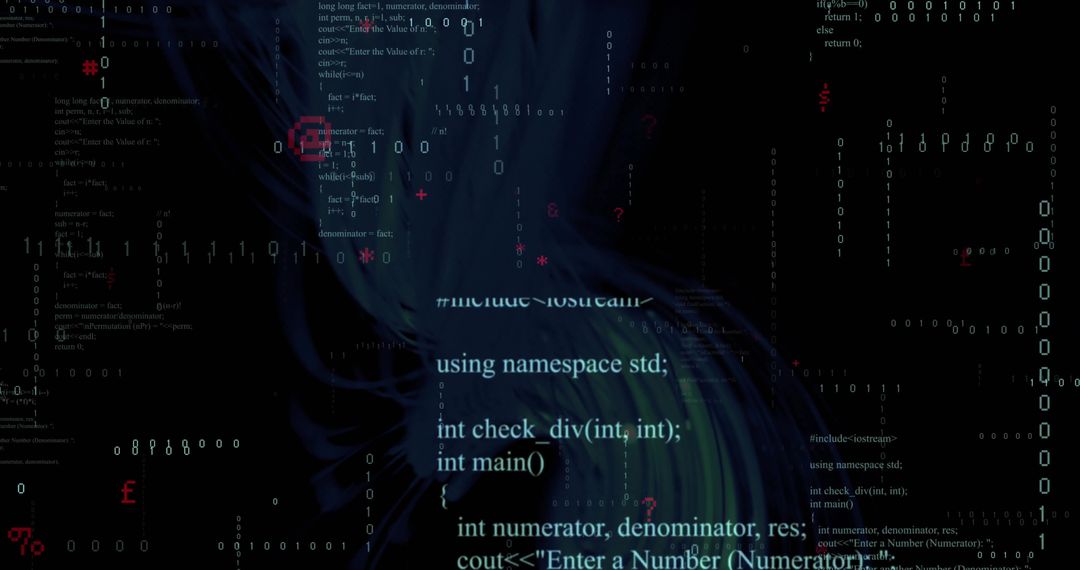 Futuristic Data Vortex with C++ Code and Binary Digits