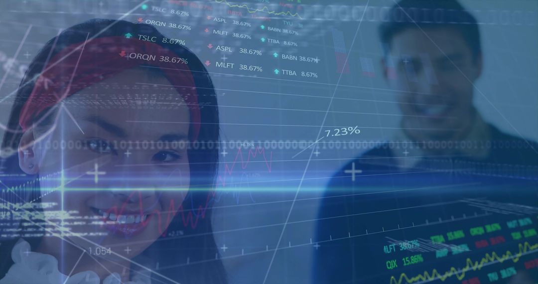 Businesswoman Analyzing Financial Data Overlay on Digital Screen