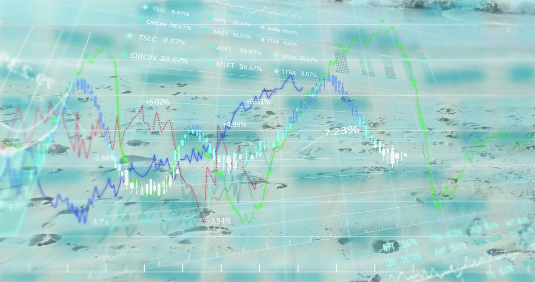 Data Visualization on Sandy Beach with Colorful Graphs and Footprints