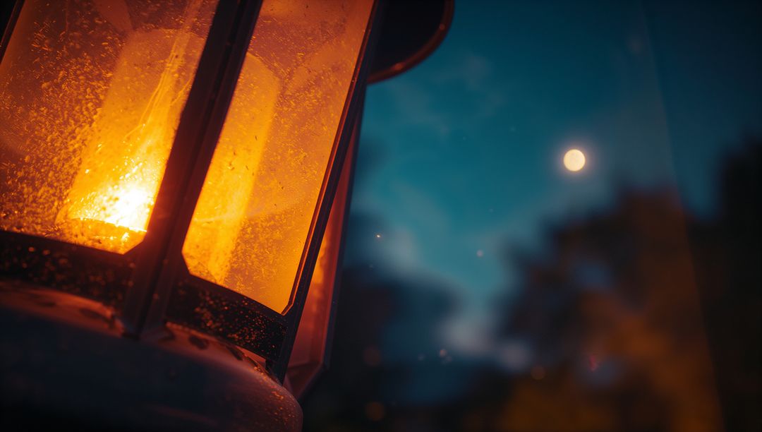 Glowing Lantern at Dusk with Sparkling Glass