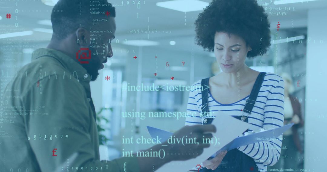 Collaborative Teamwork in Modern Open-Plan Office with Code Overlay